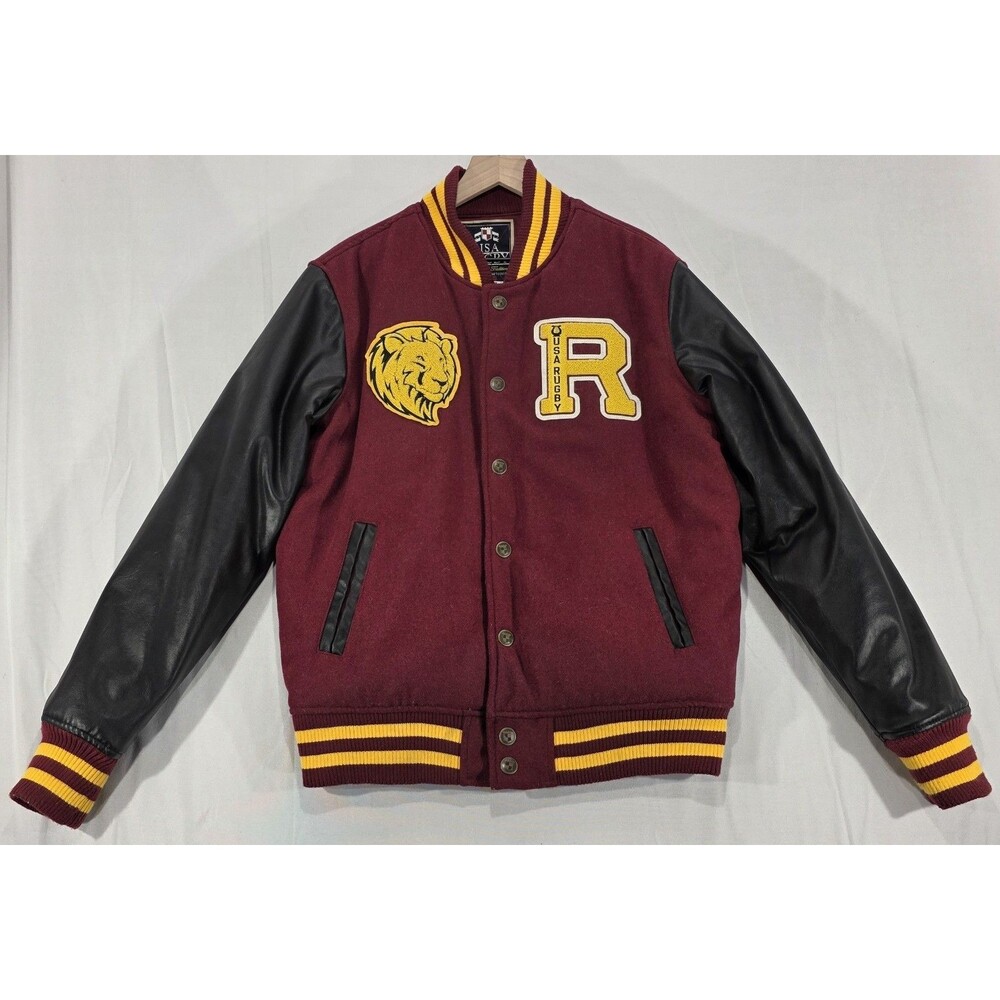 Vintage 90s USA Rugby Varsity Jacket Letterman Patches Red Black Men's M